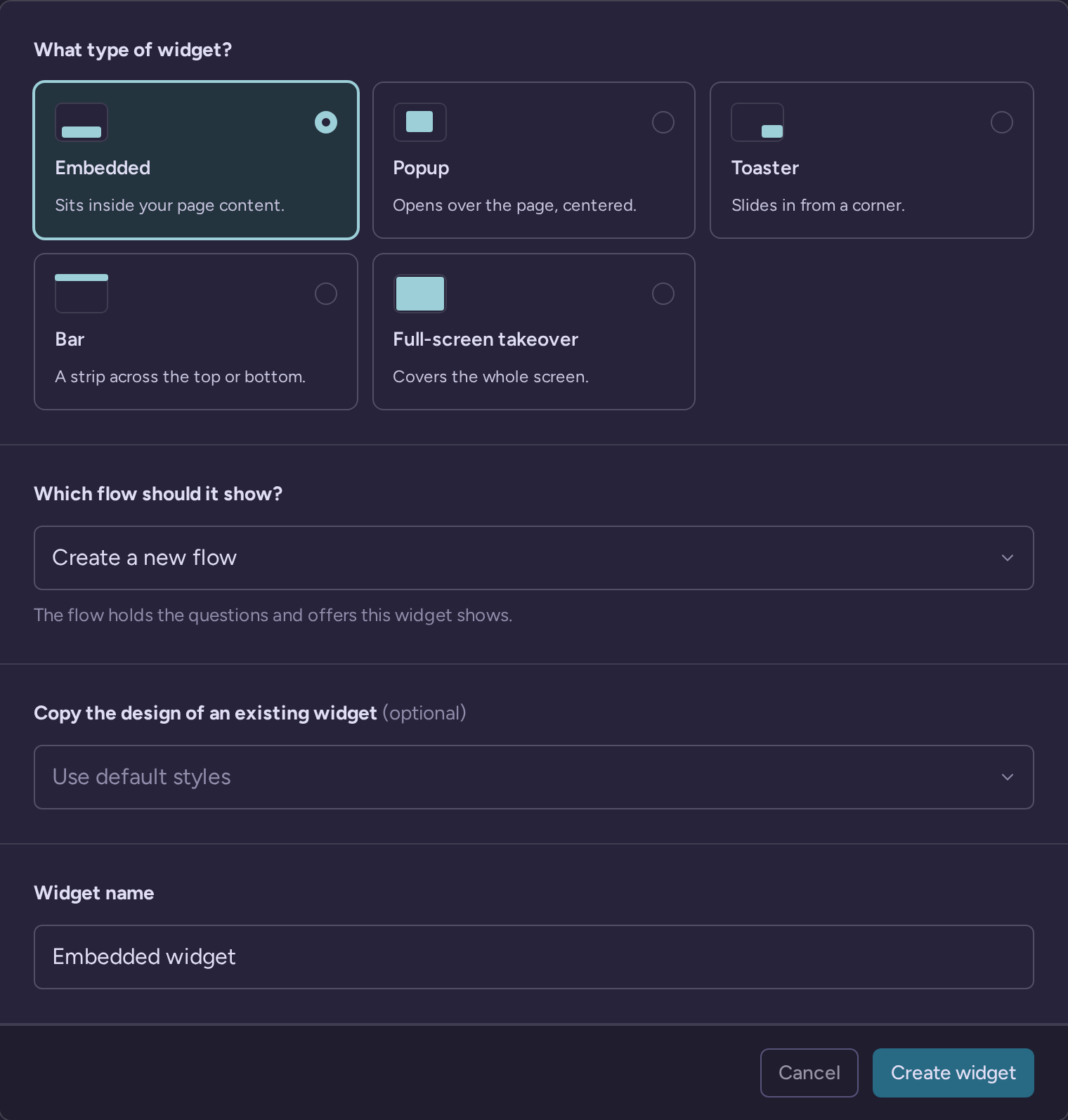 Widget creation form with embedded, popup, toaster, bar and full-screen options