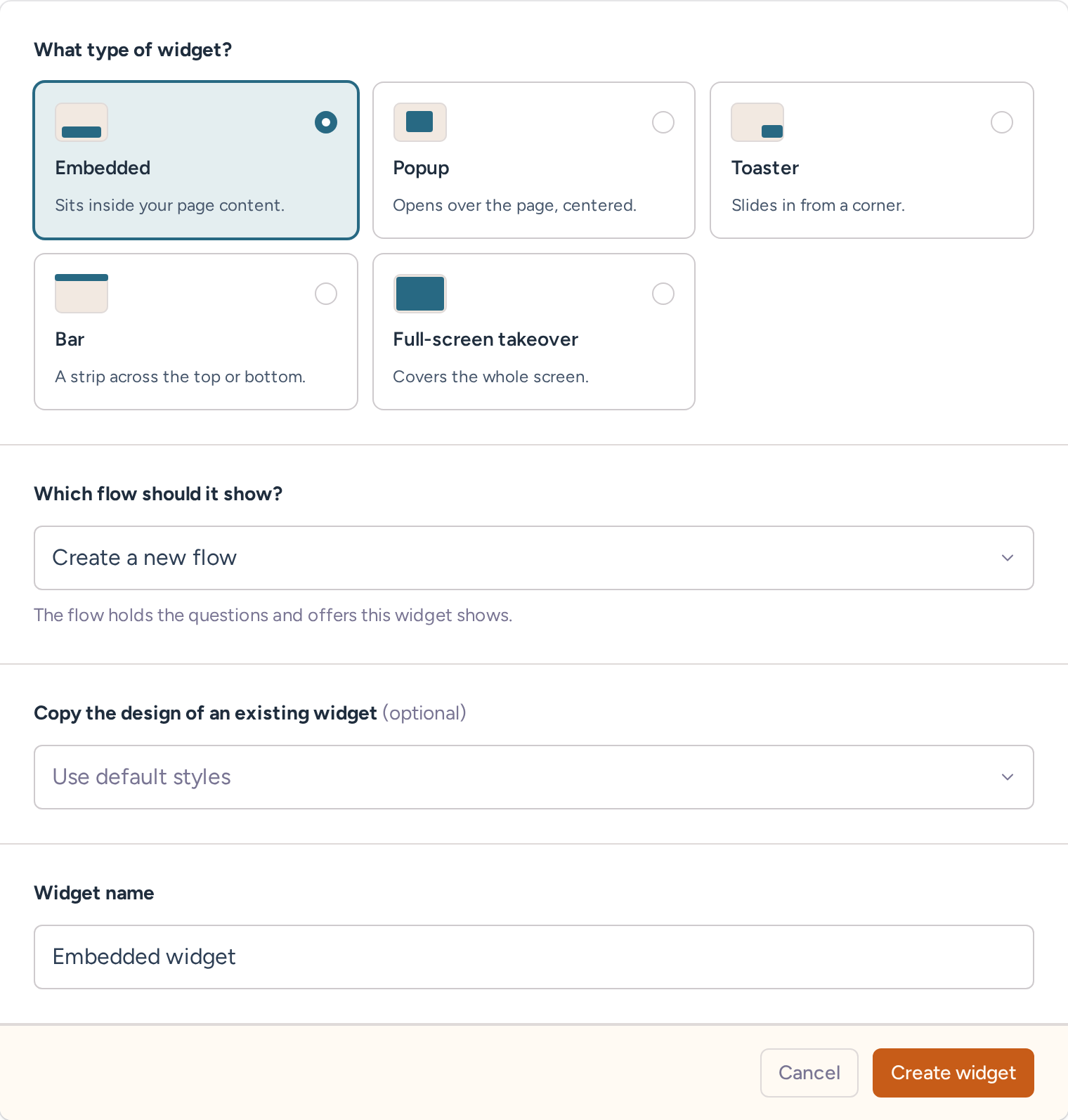 Widget creation form with embedded, popup, toaster, bar and full-screen options