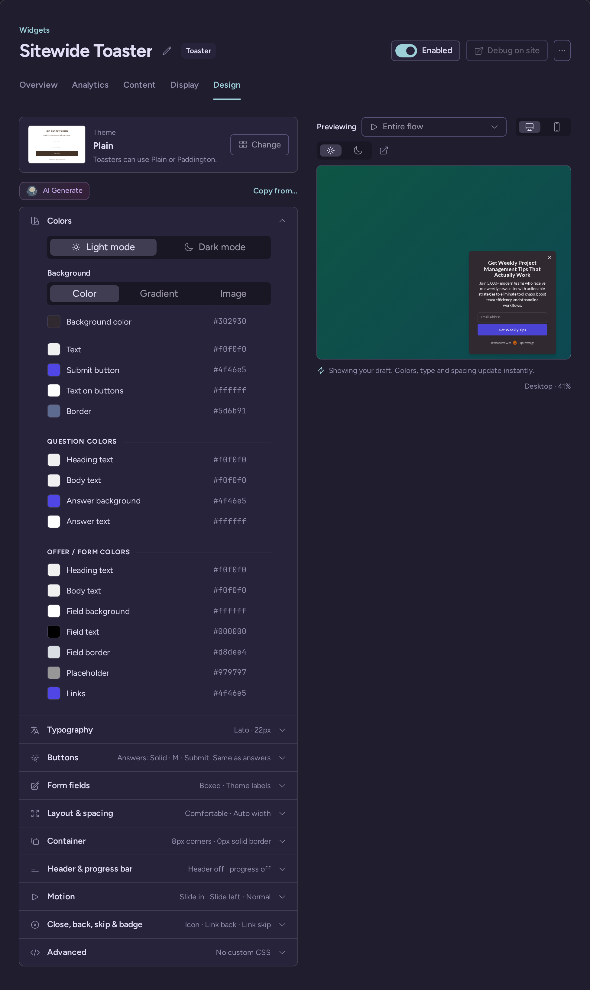 Sitewide Toaster design tab with widget configuration and preview
