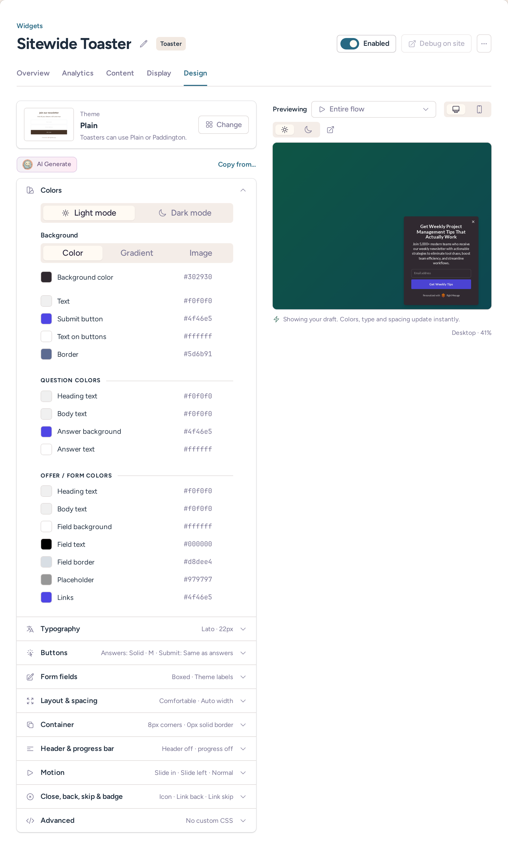 Sitewide Toaster design tab with widget configuration and preview