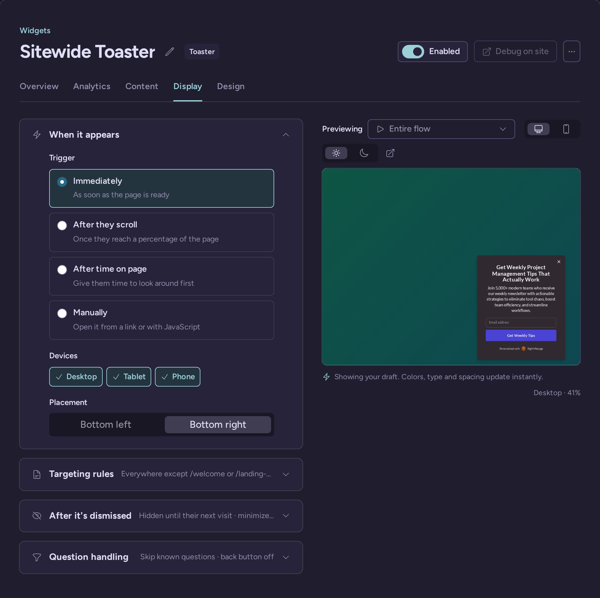Sitewide Toaster display tab with widget configuration and preview