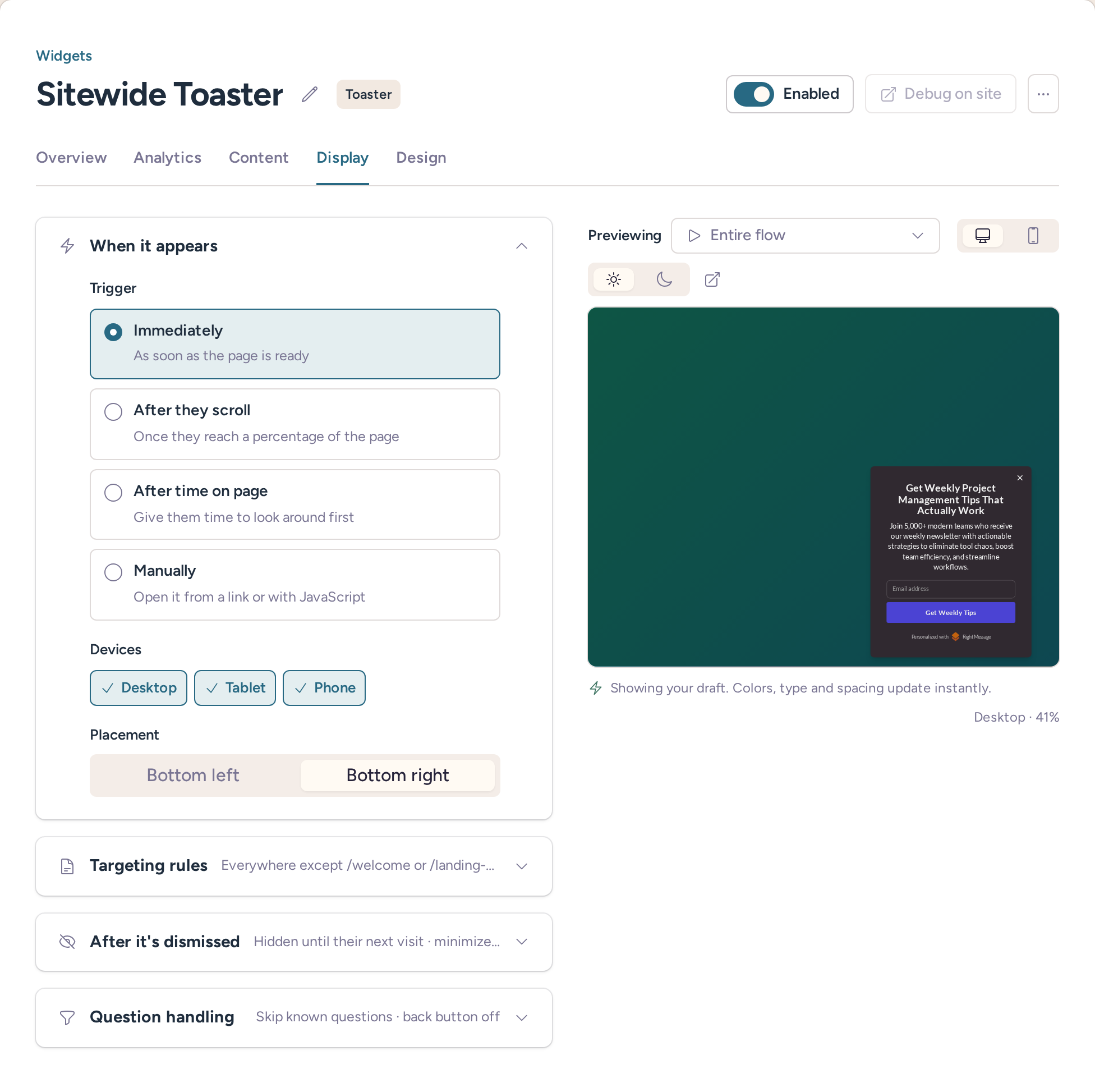 Sitewide Toaster display tab with widget configuration and preview