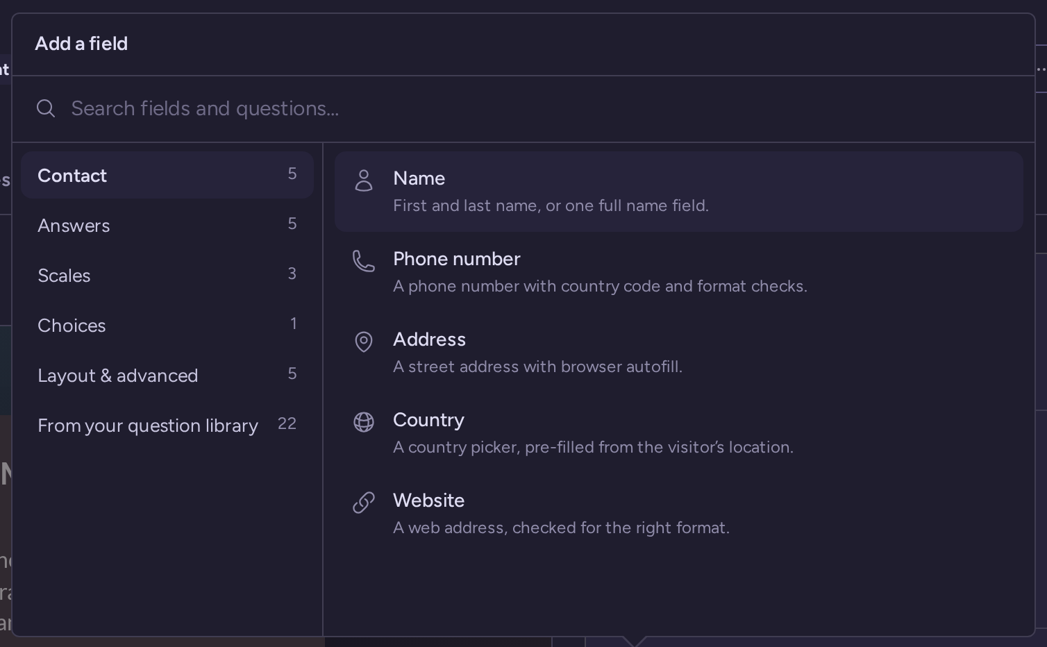 Form field picker with contact, answer, scale, choice, layout, and question library categories