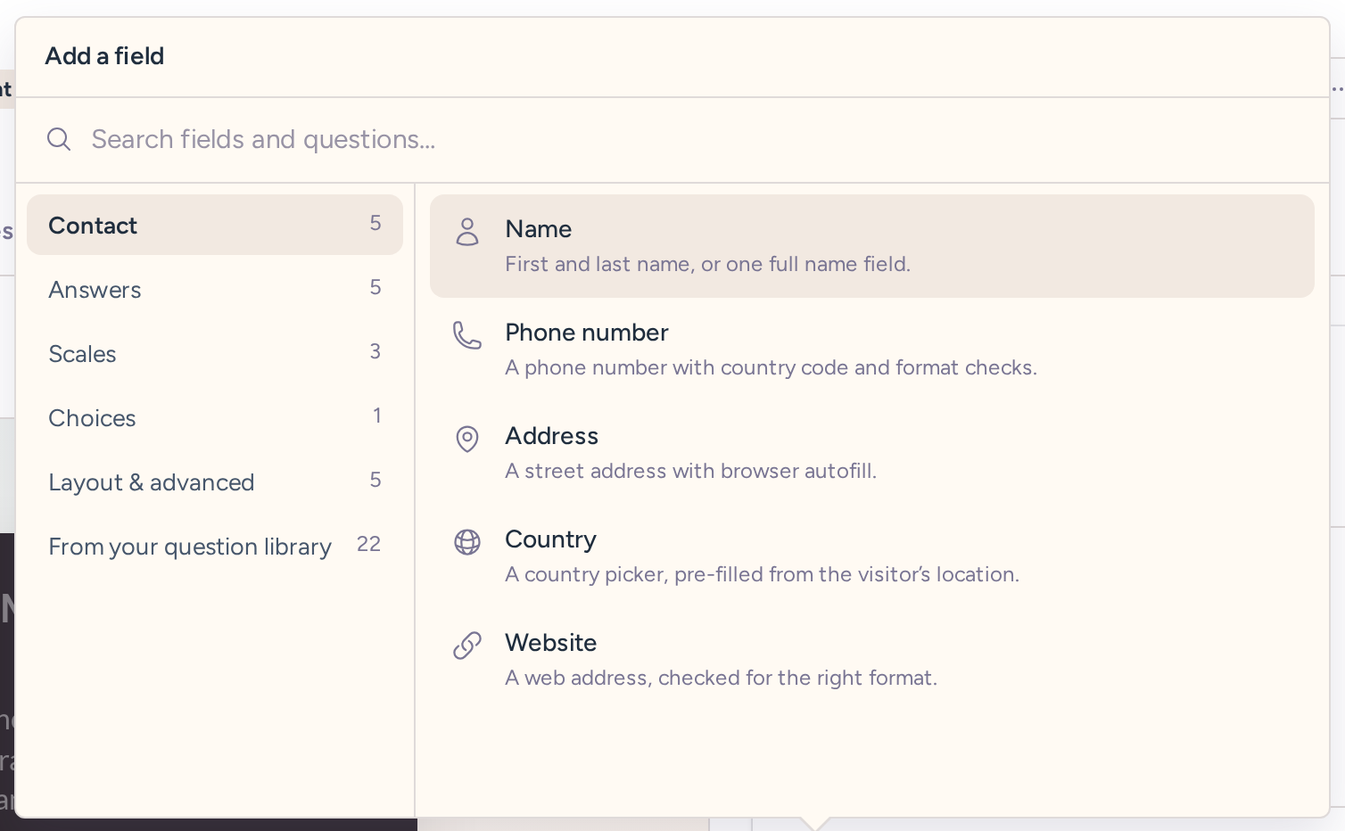 Form field picker with contact, answer, scale, choice, layout, and question library categories