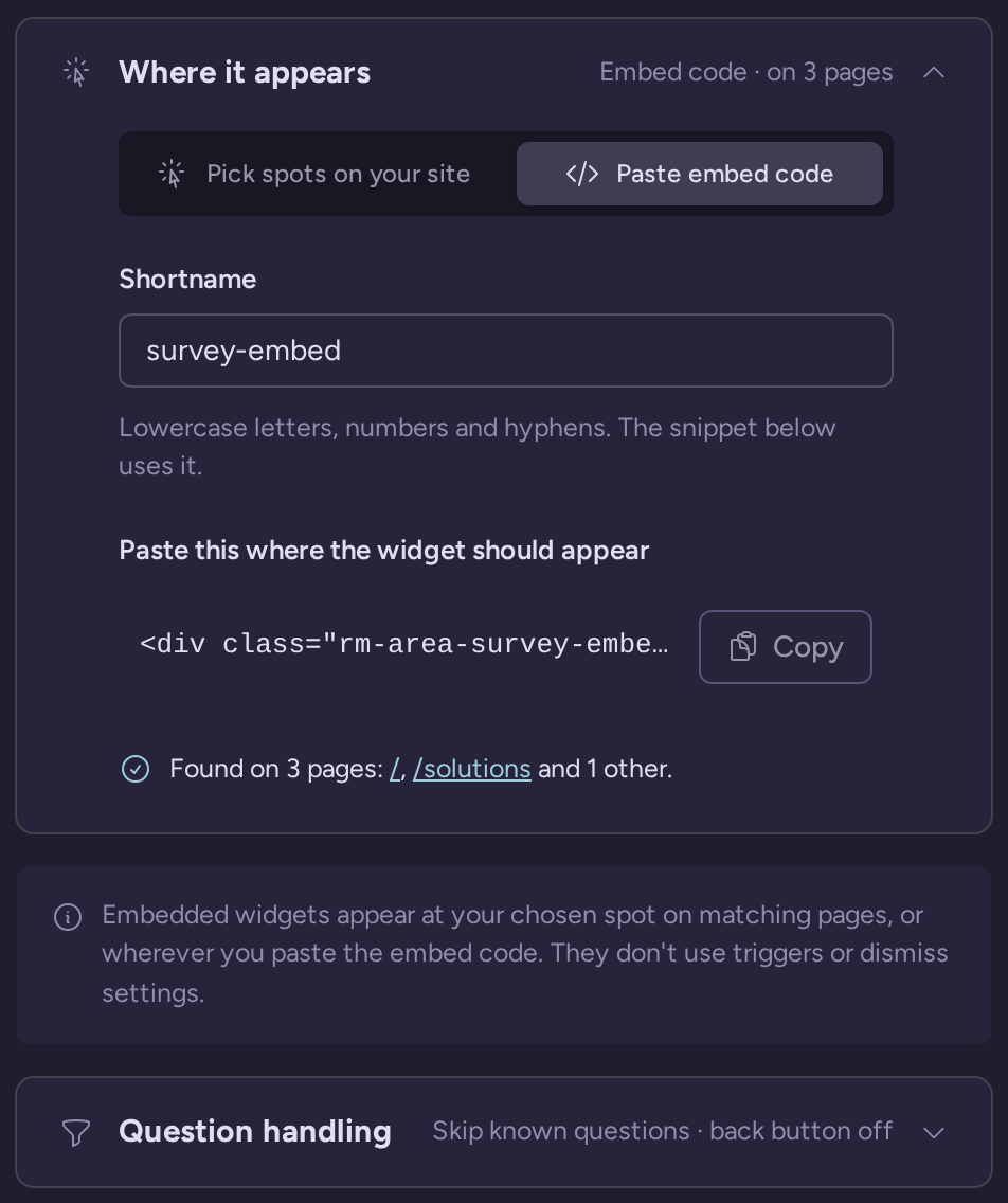 Embedded widget placement settings with Paste embed code selected and the survey-embed shortname
