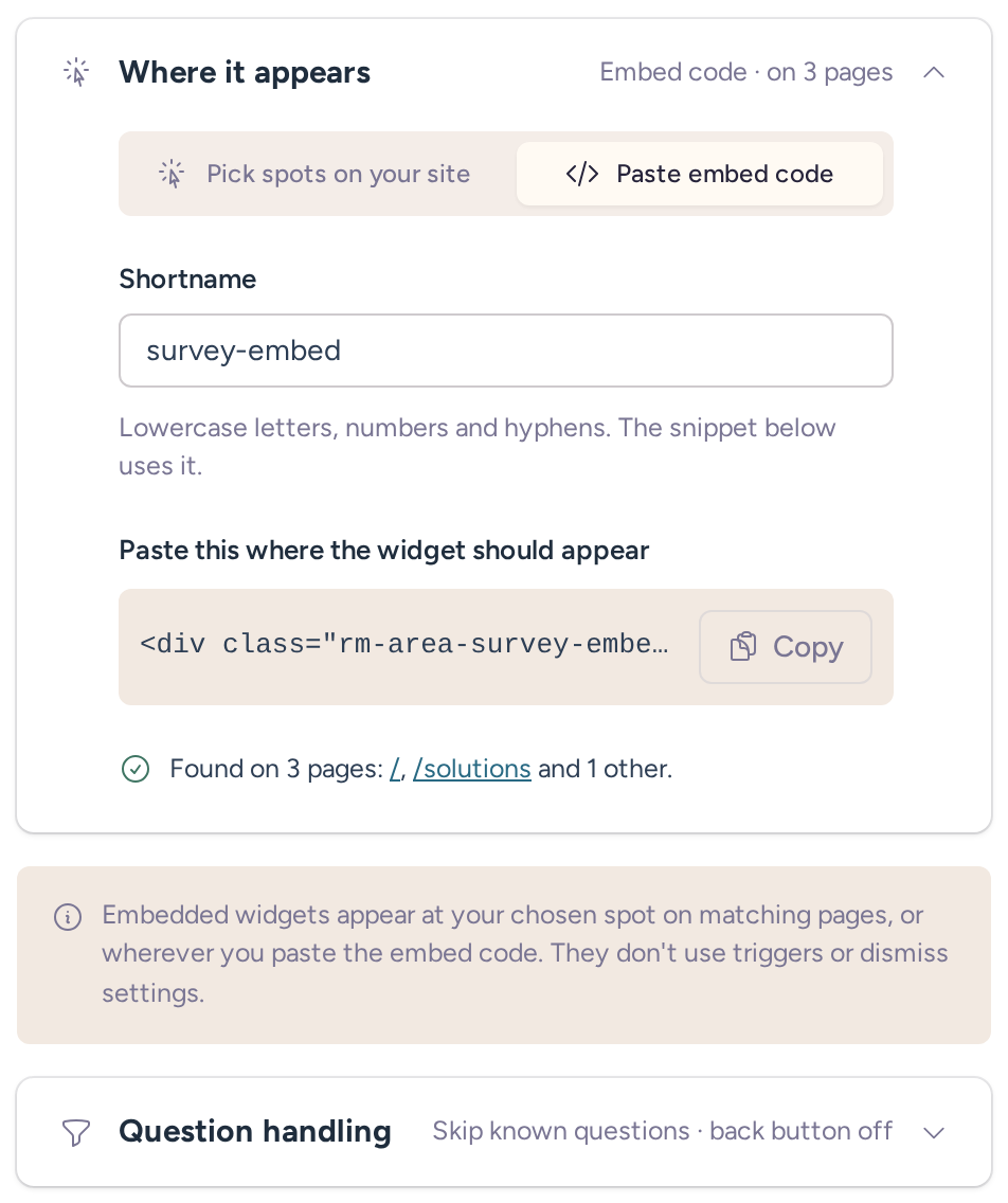 Embedded widget placement settings with Paste embed code selected and the survey-embed shortname