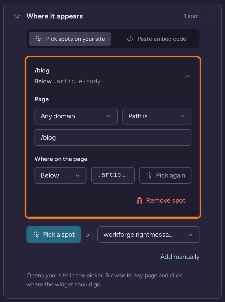 An Embedded widget placement spot with the /blog path and .article-body selector