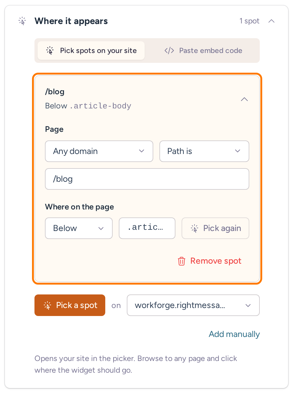 An Embedded widget placement spot with the /blog path and .article-body selector