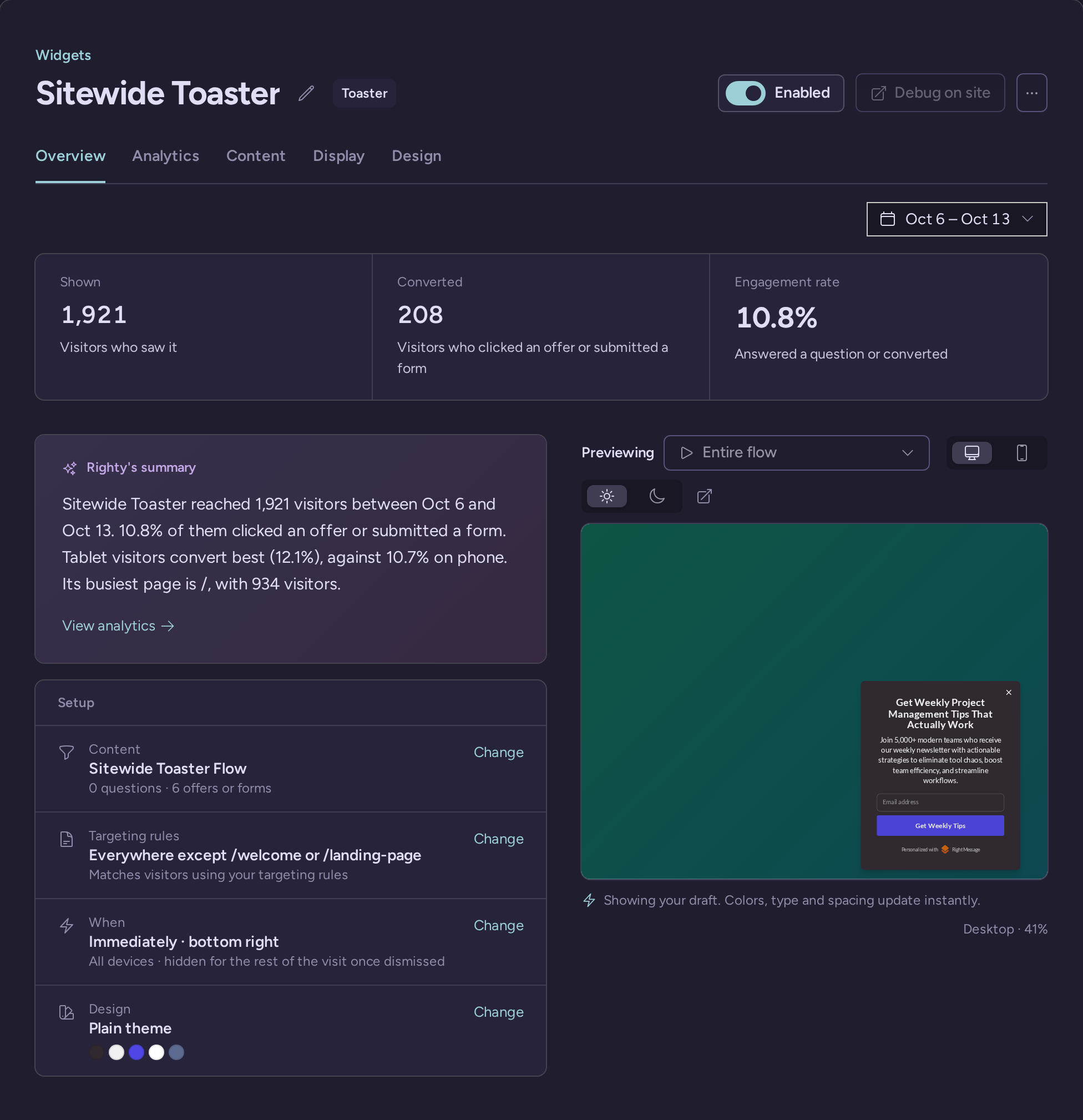Sitewide Toaster overview with its flow preview, targeting and engagement summary
