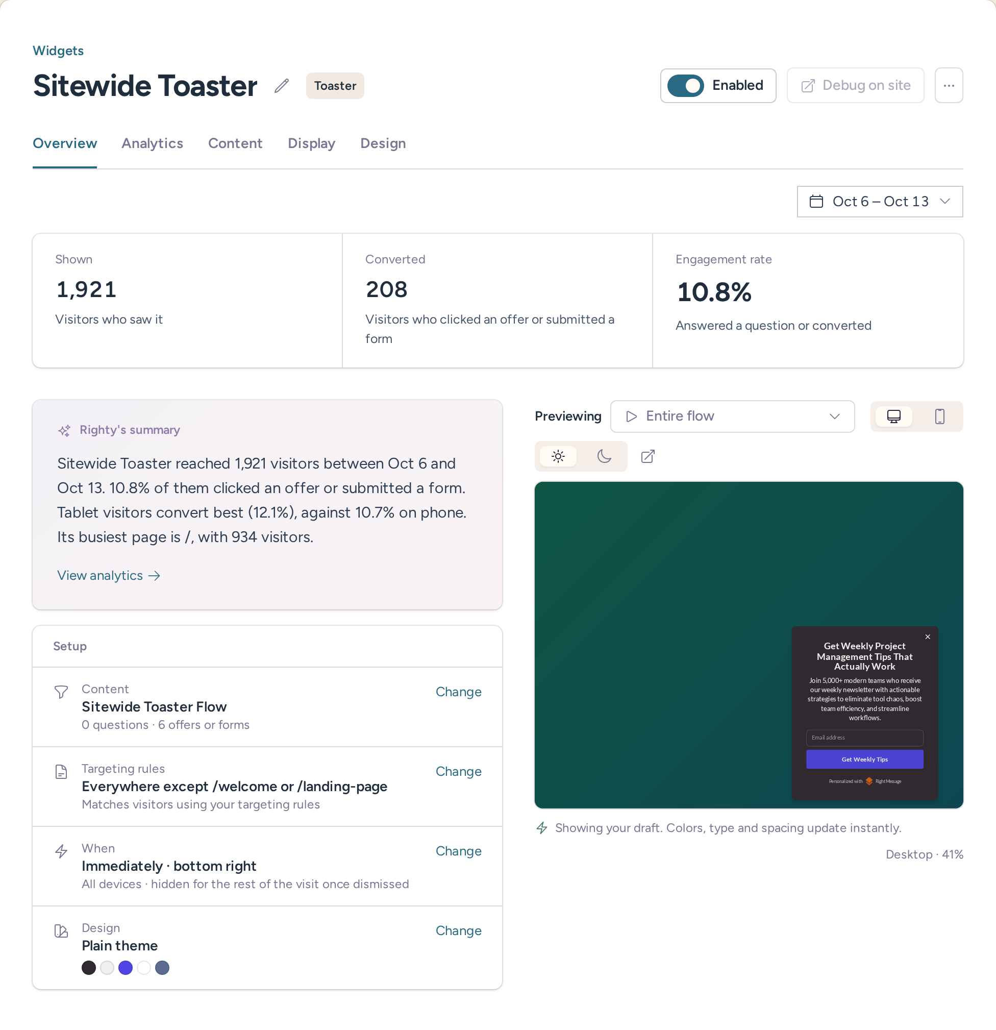 Sitewide Toaster overview with its flow preview, targeting and engagement summary