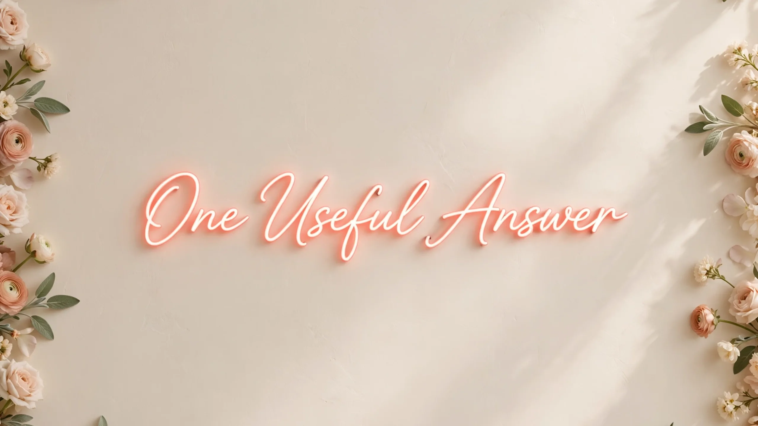 Neon script reading One Useful Answer framed by foliage