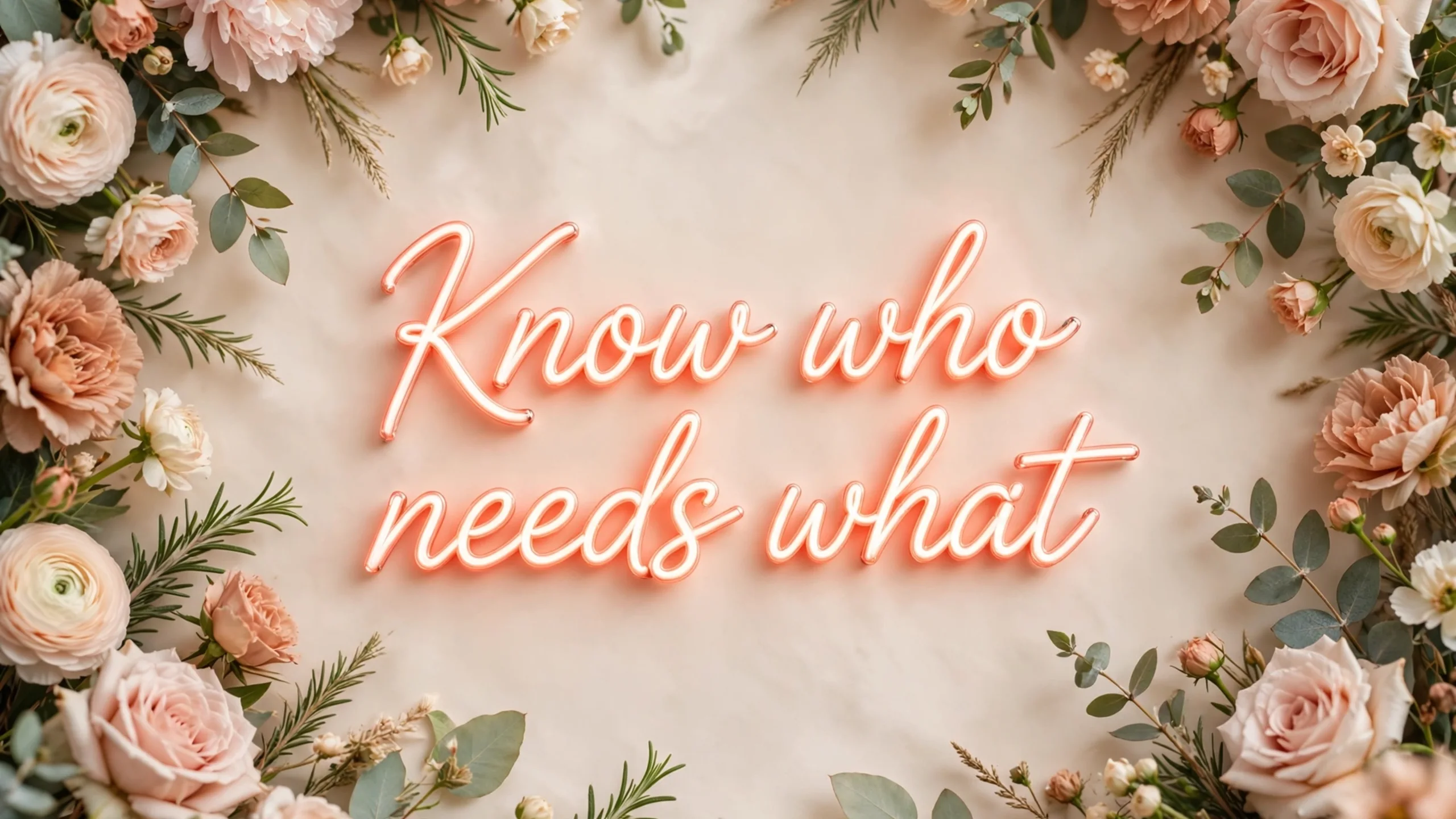 Neon script reading Know who needs what framed by foliage