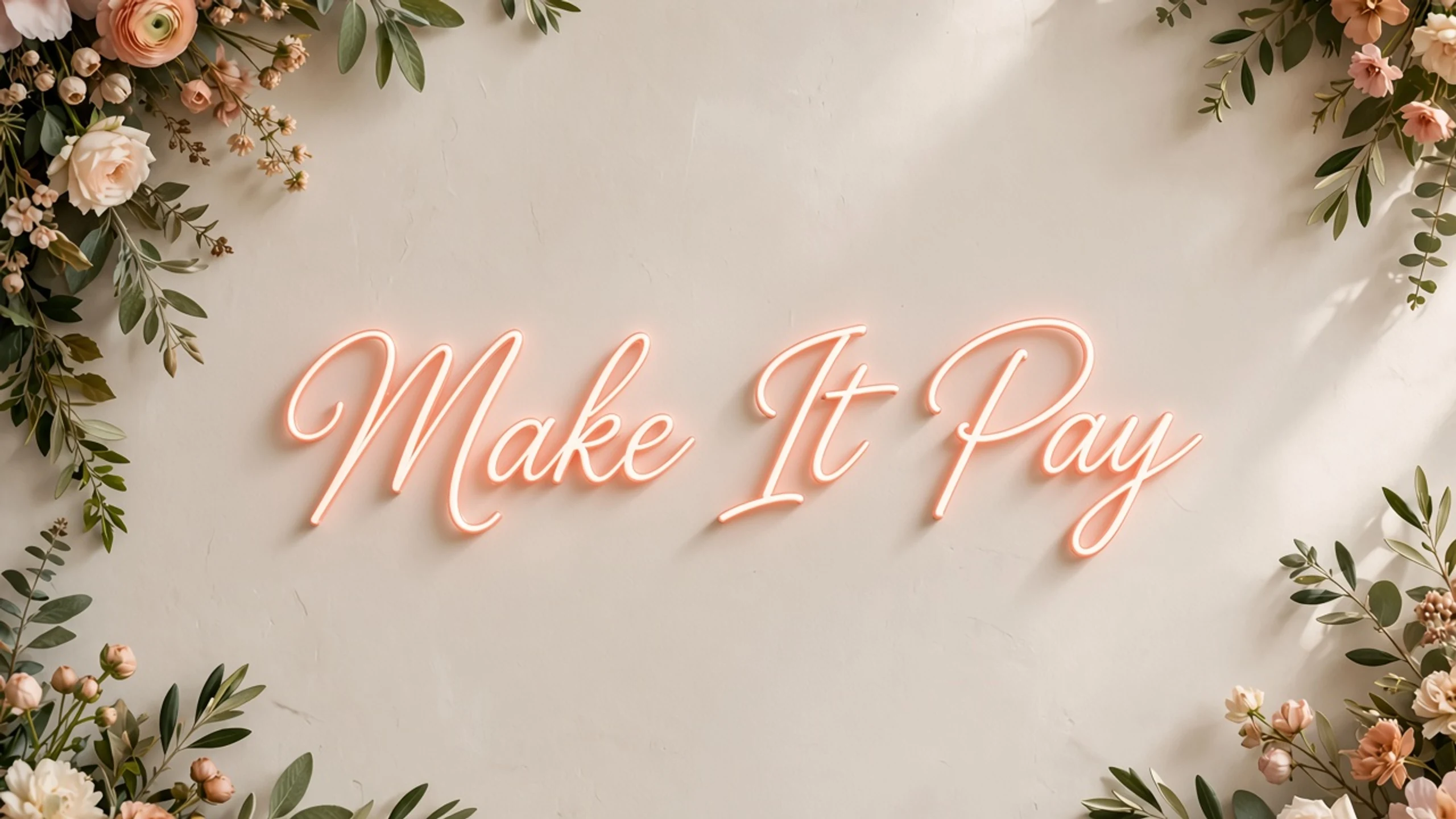 Neon script reading Make It Pay framed by foliage