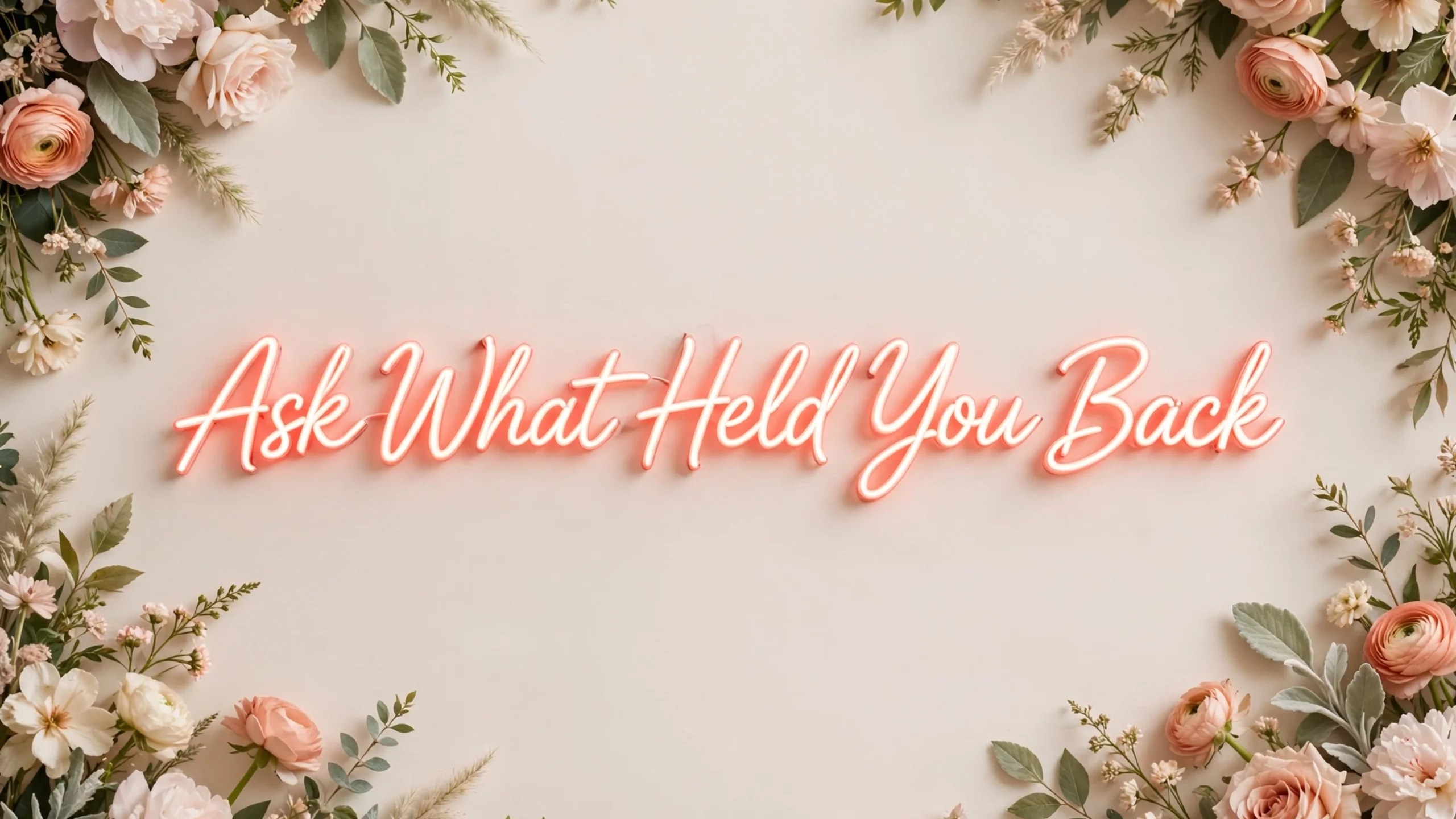 Neon script reading Ask What Held You Back framed by foliage