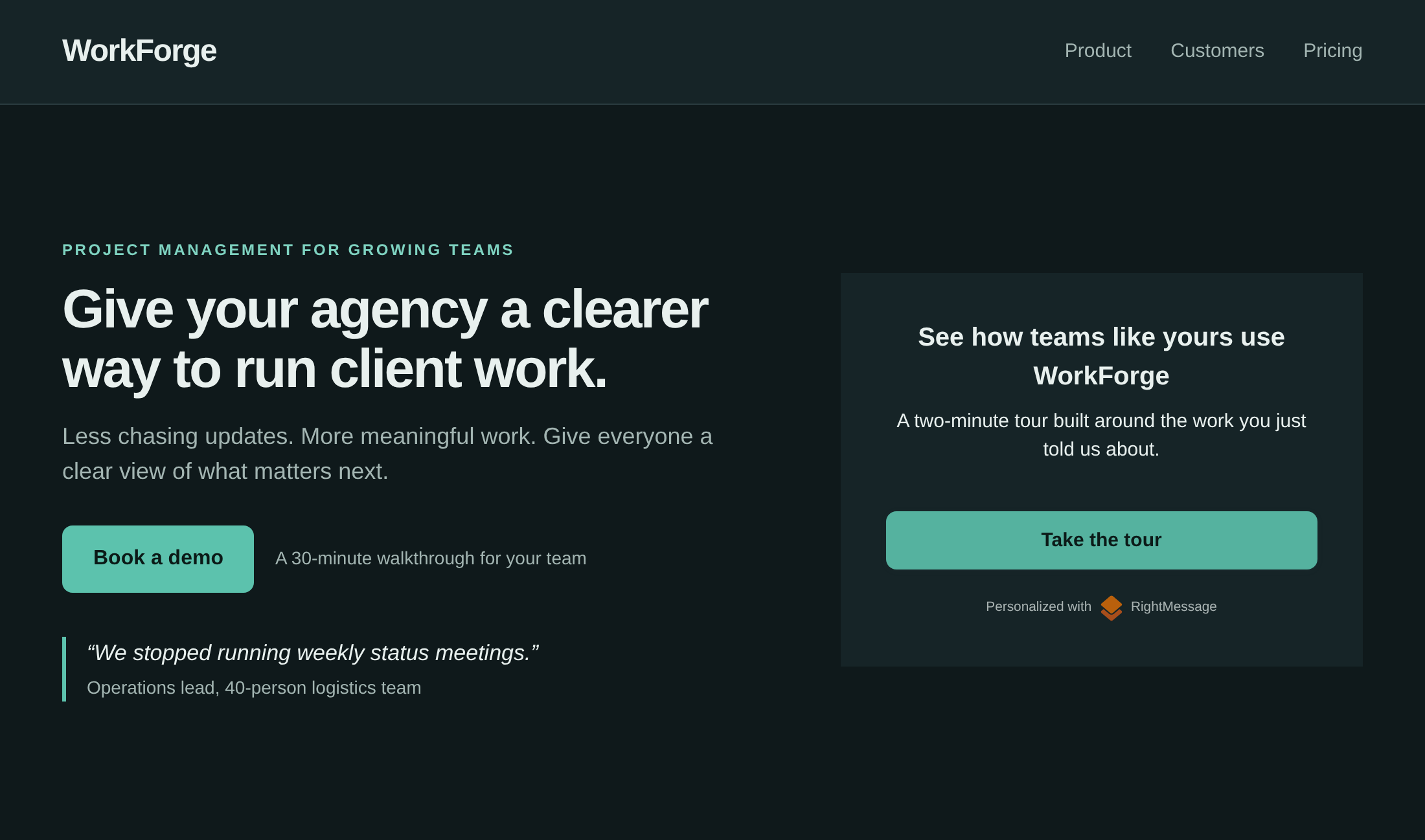 The same landing page after an agency answer, with the headline rewritten for agencies and a tour offer for teams like theirs