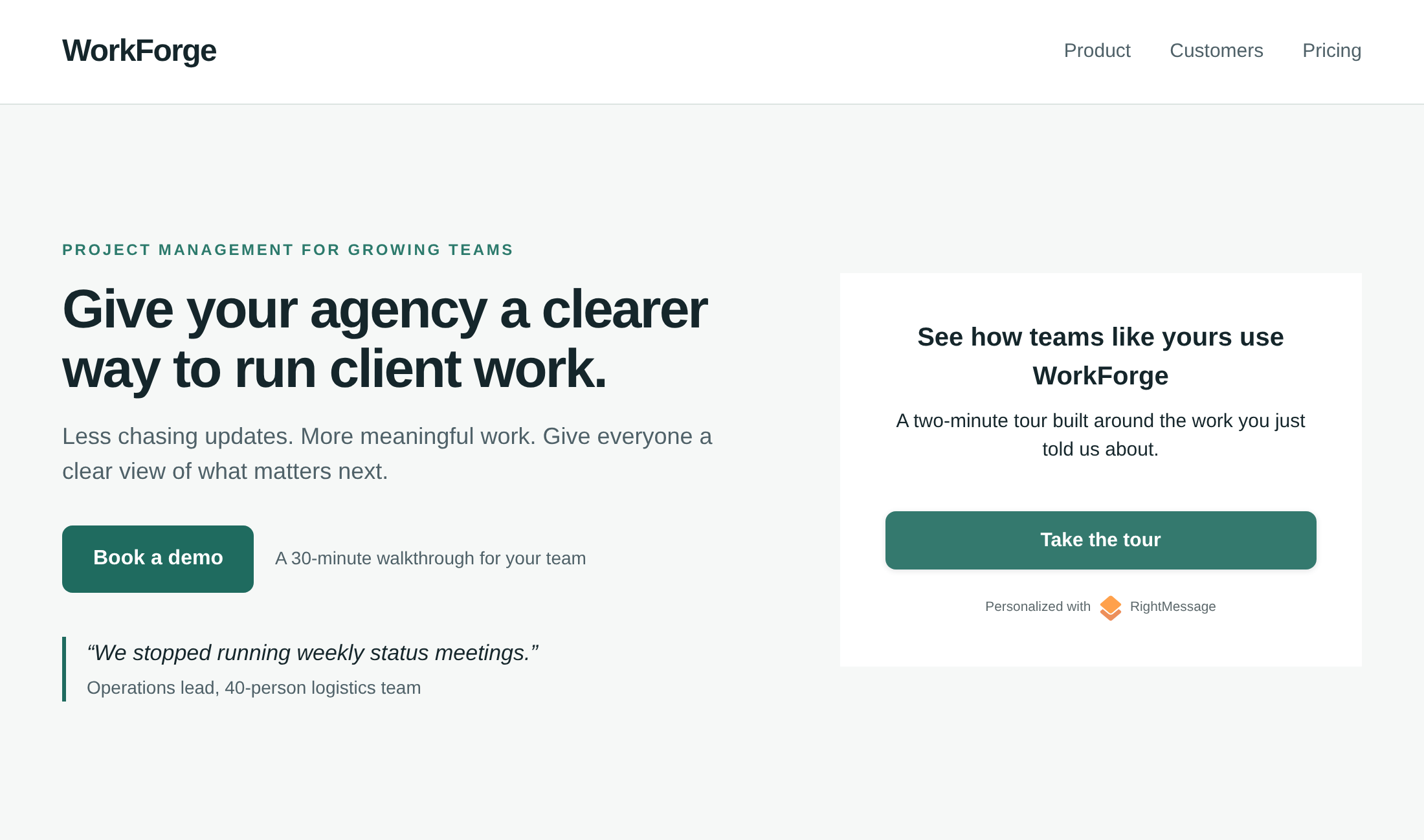 The same landing page after an agency answer, with the headline rewritten for agencies and a tour offer for teams like theirs