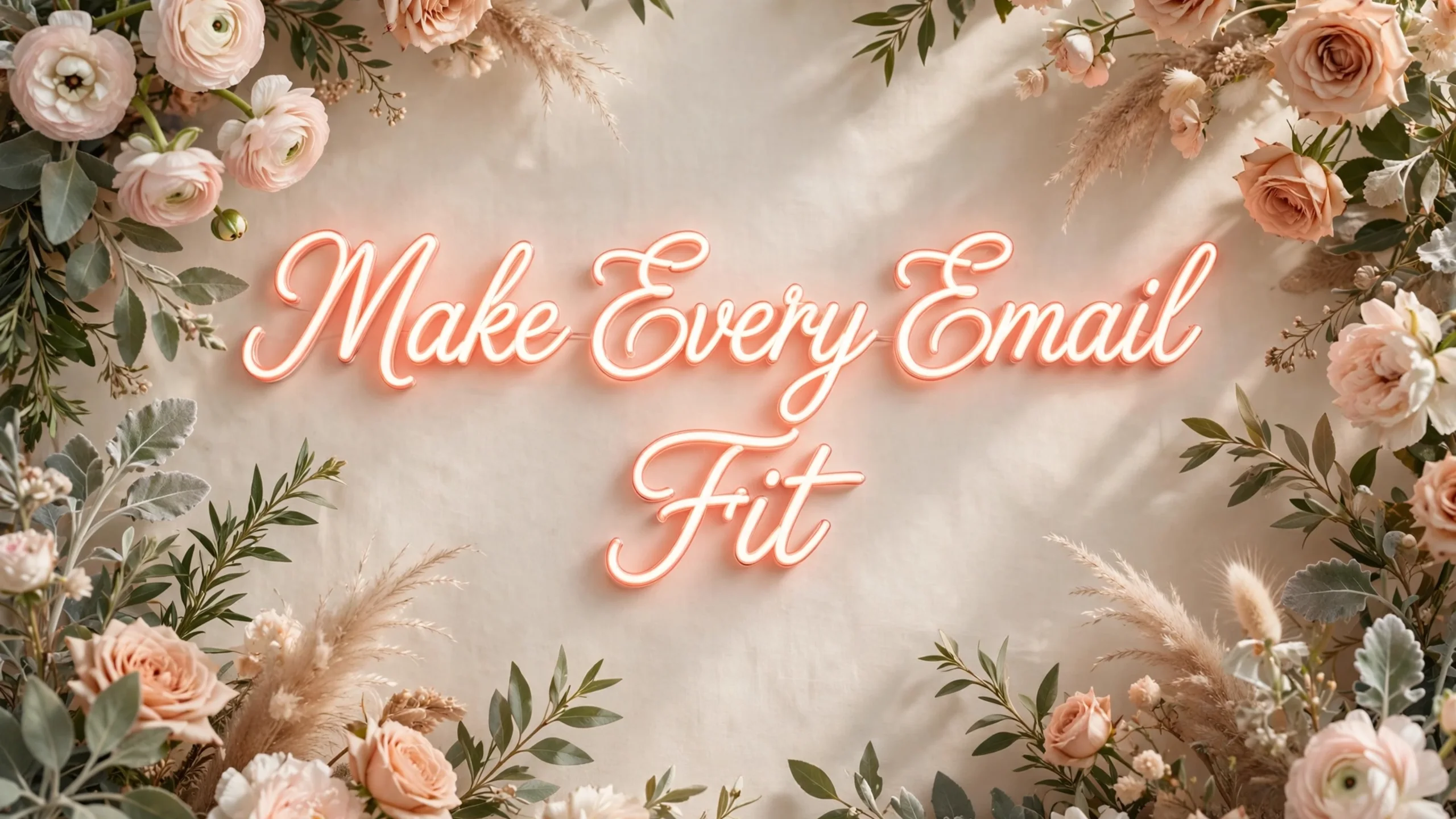 Neon script reading Make Every Email Fit framed by foliage