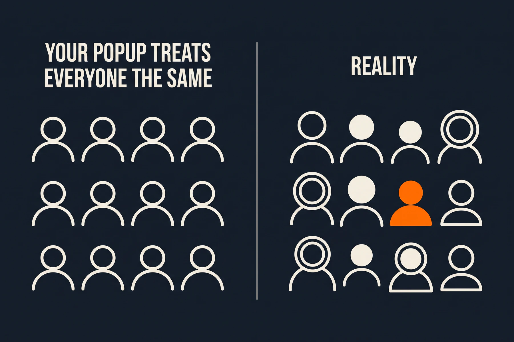 Your popup treats everyone the same: twelve identical avatars contrast with a varied group of visitor icons labeled Reality