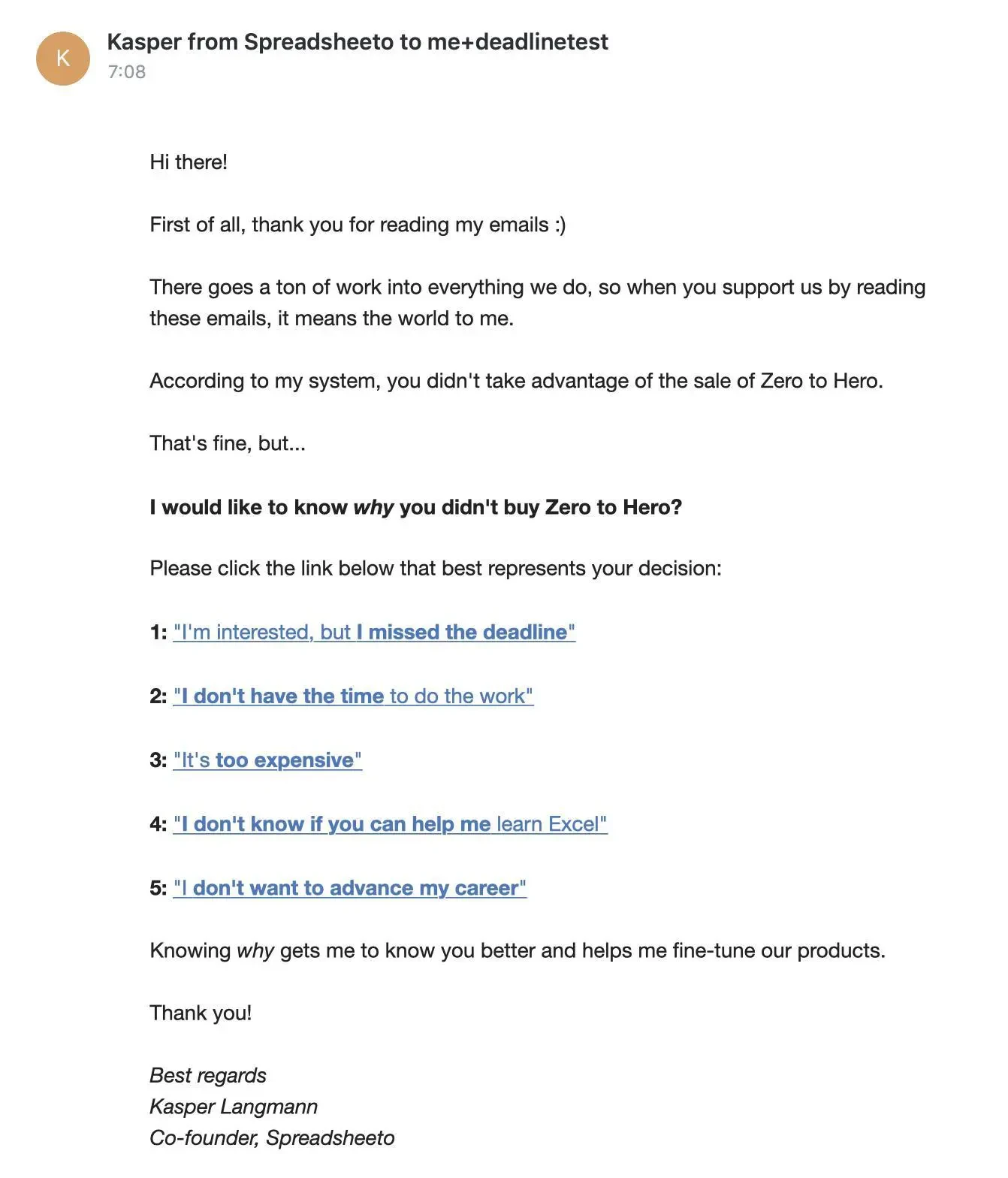 Historical Spreadsheeto email asking Zero to Hero non-buyers to choose one of five reasons they did not buy