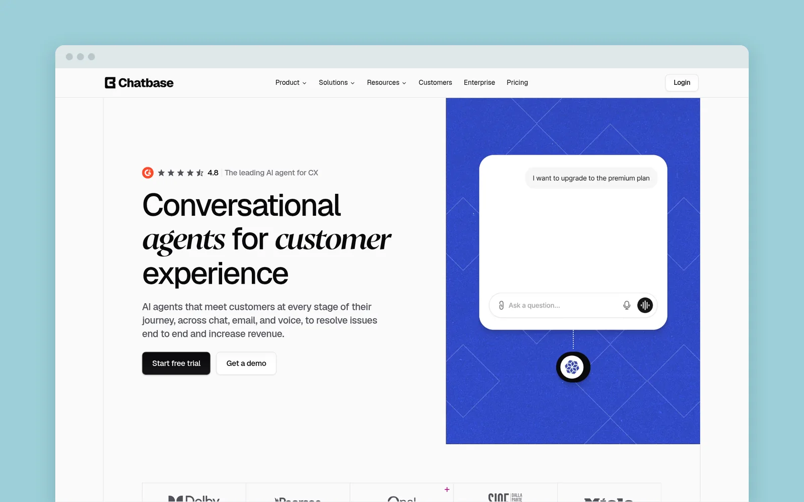 Chatbase homepage with the headline "Conversational agents for customer experience"