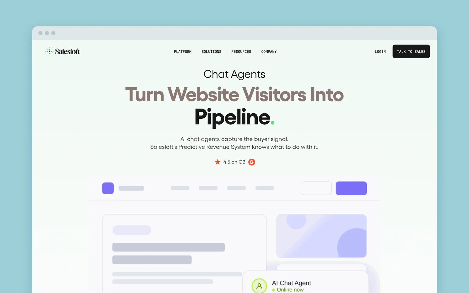 Salesloft Chat Agents page, where drift.com now redirects, with the headline "Turn Website Visitors Into Pipeline."