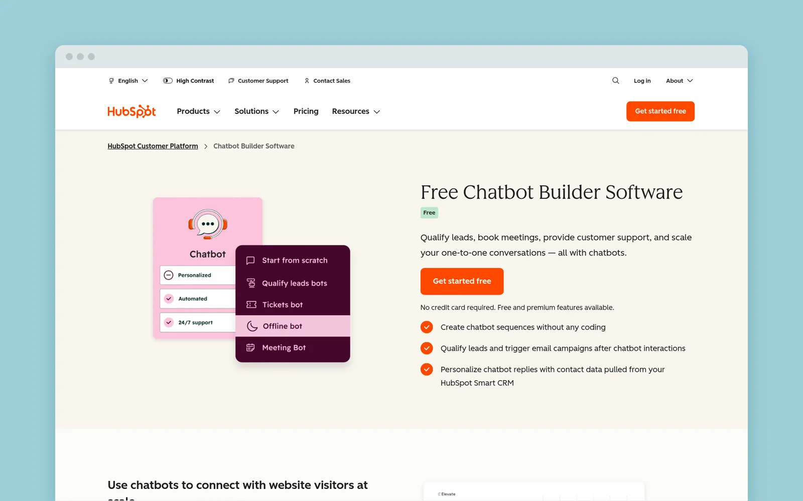 HubSpot chatbot builder product page with the headline "Free Chatbot Builder Software"