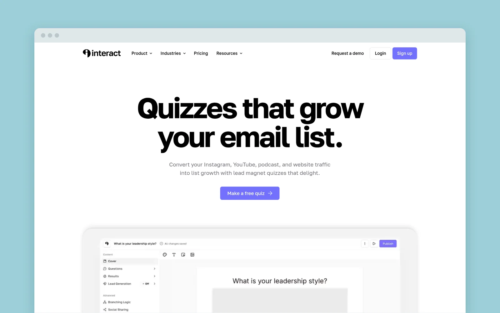Interact homepage with the headline "Quizzes that grow your email list."