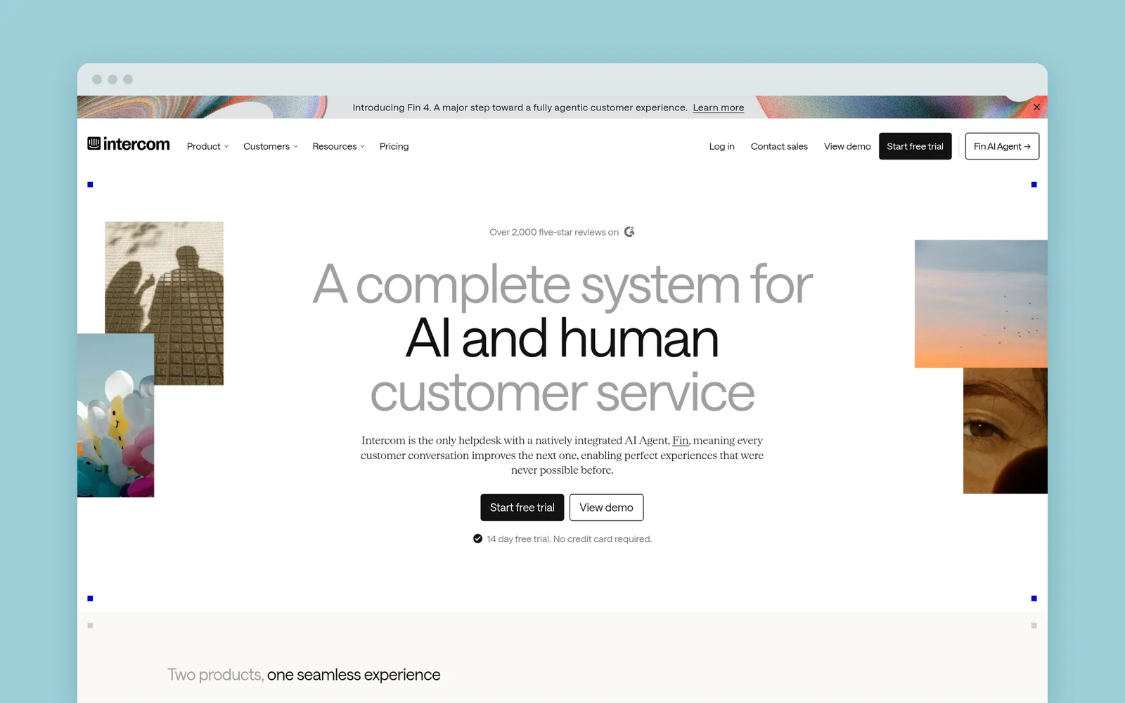 Intercom homepage with the headline "A complete system for AI and human customer service"