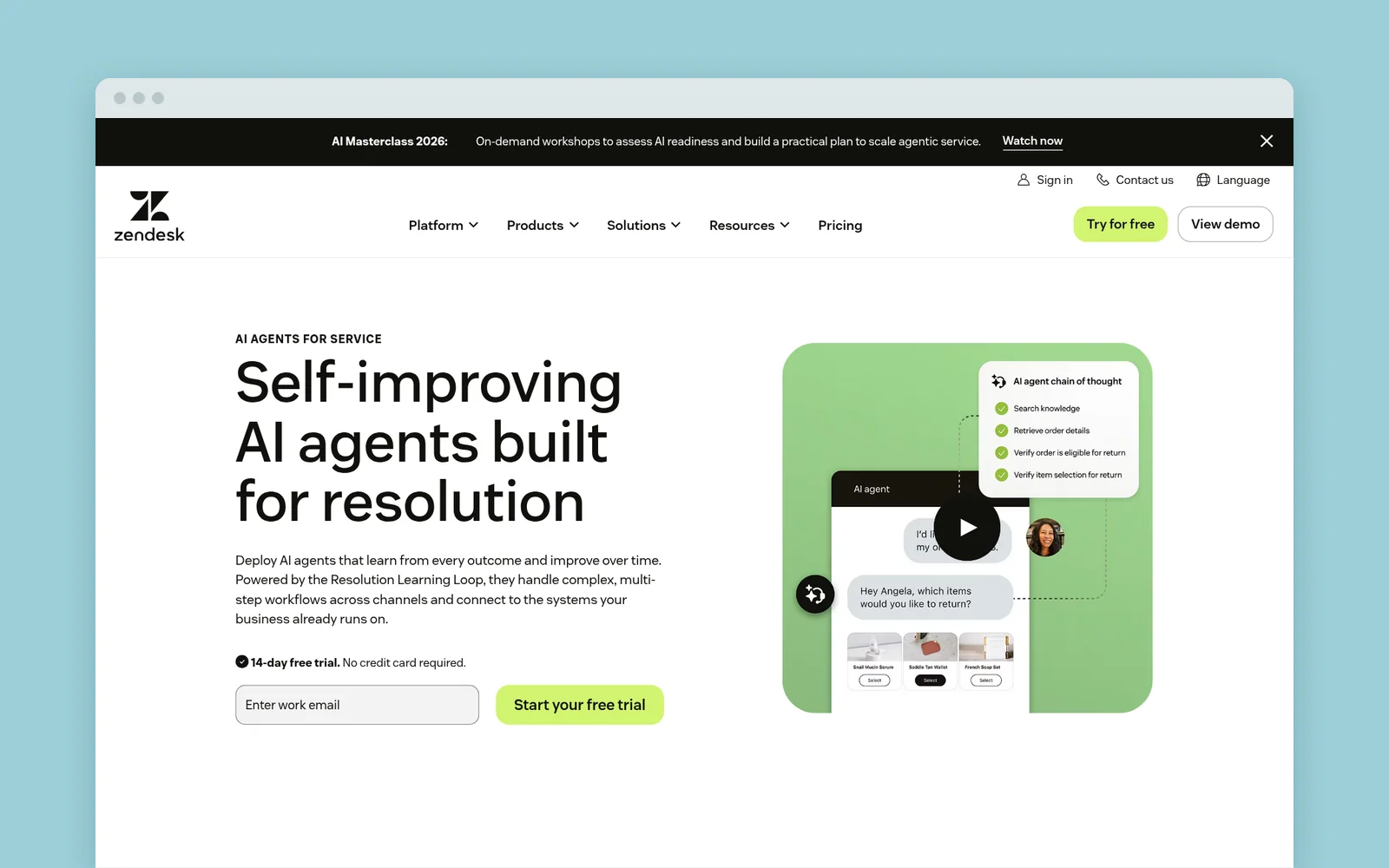 Zendesk AI agents product page with the headline "Self-improving AI agents built for resolution"