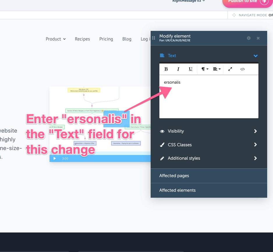 RightMessage change text for personalization