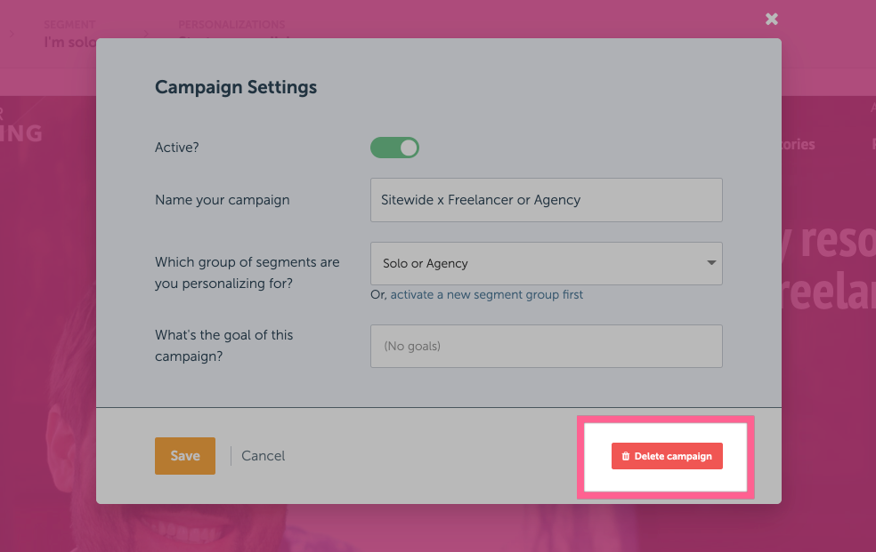 Deleting a personalization campaign in RightMessage